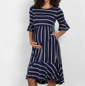 Pinkblush Navy Blue Striped Ruffle Trim Midi Dress